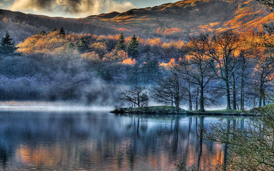 Scenic view of lake against sky at sunset