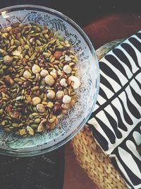 High angle view of fruits in bowl on table