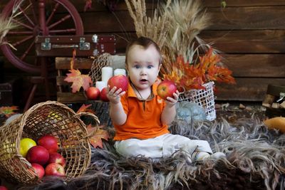 Portrait of cute boy sitting in basket