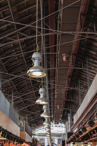 Row of electric lights representing the lighting within the famous market in barcelona, spain.