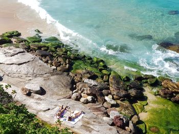 High angle view of rocky beach