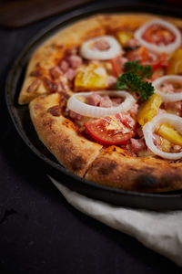 High angle view of pizza on table