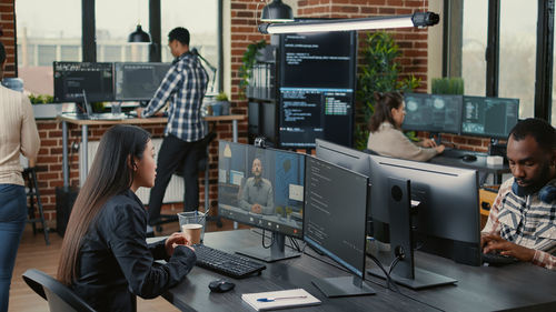 High angle view of business people working in office