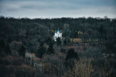 A lone church building with a blue roof on a mountain covered in dead trees with a cloudy sky