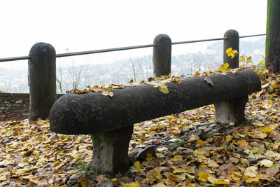 Close-up of railing against stone wall