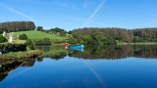 Scenic view of lake against blue sky