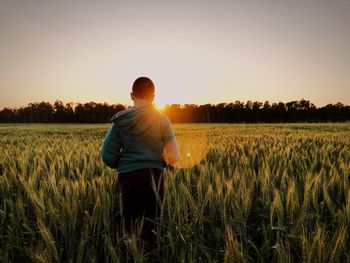 Rear view of man standing amidst wheat field against sky during sunset