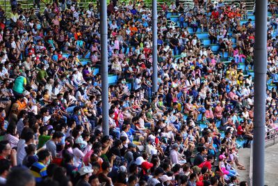 High angle view of people on street