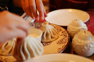 Cropped hands holding dumplings in plate