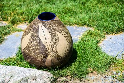 High angle view of soccer ball on field