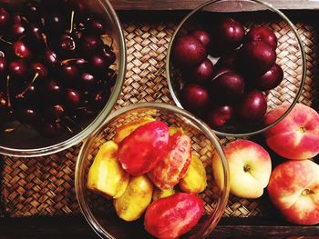 High angle view of apples in basket on table