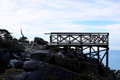 Scenic view of rocks by sea against sky