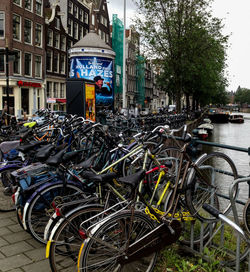 Bicycles parked on street in city