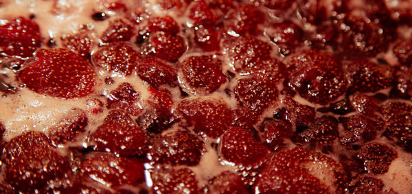 Close-up of strawberry jelly boiling in a saucepan. preparation of strawberry jelly, marmalade