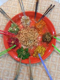 High angle view of salad in bowl on table