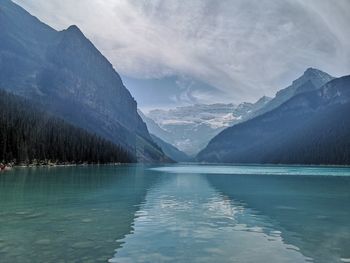 Scenic view of lake and mountains against sky