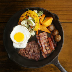 Directly above shot of food in cooking pan on table