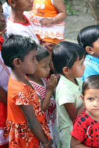 High angle view of people looking at camera