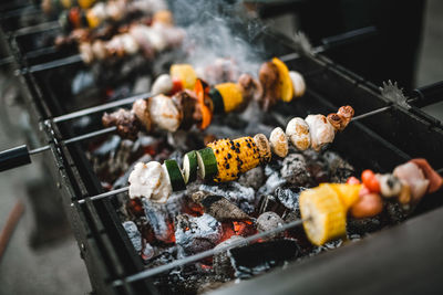 Close-up of meat on barbecue grill