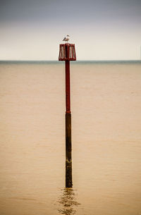 Close-up of wooden post on beach against sky
