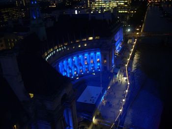 High angle view of illuminated airplane at night