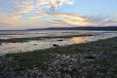 Scenic view of beach against sky during sunset