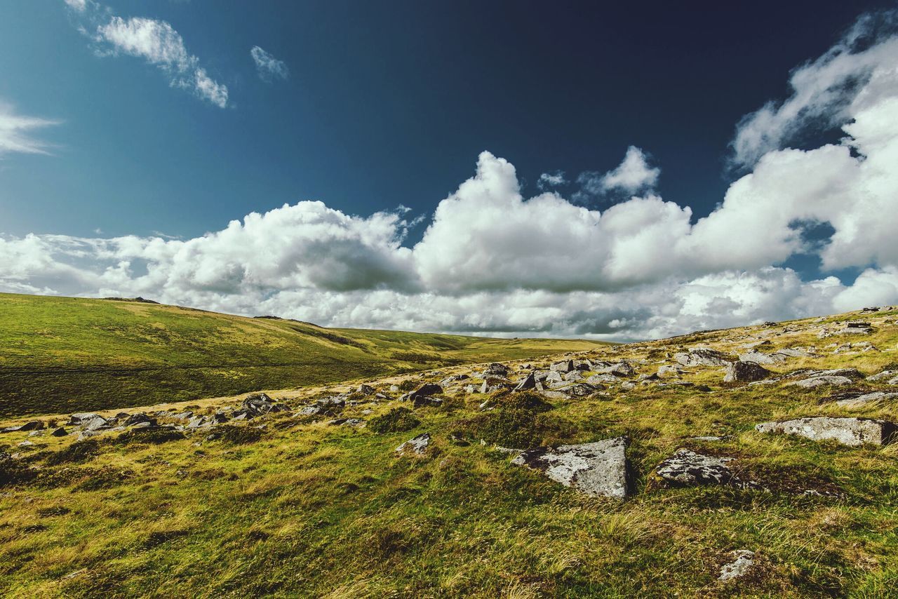 sky, landscape, tranquil scene, tranquility, scenics, cloud - sky, beauty in nature, field, nature, cloud, grass, green color, mountain, rural scene, cloudy, growth, horizon over land, agriculture, day, idyllic