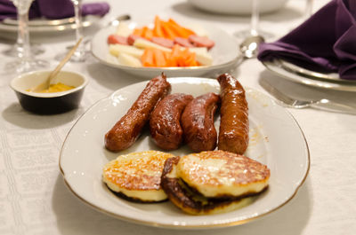 Close-up of food served on table