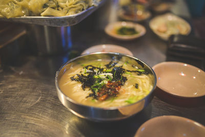 Close-up of soup in bowl on table