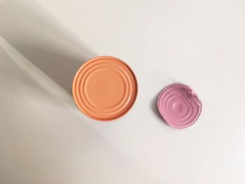 High angle view of cupcakes on table against white background