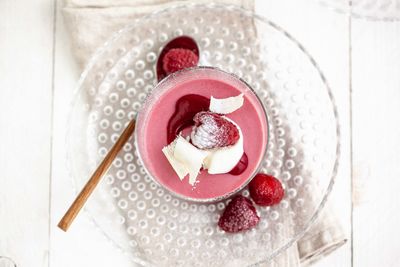 High angle view of dessert on table