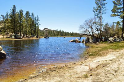 Scenic view of lake against clear sky