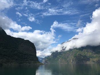 Scenic view of lake and mountains against sky