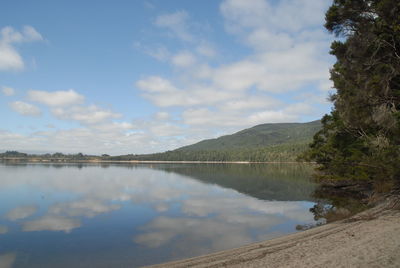 Scenic view of lake and mountains against sky