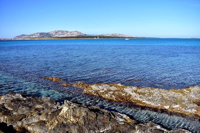 Scenic view of sea against clear blue sky