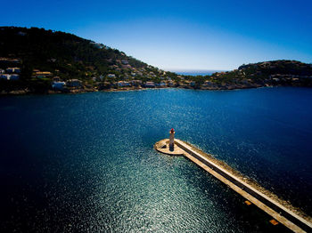 Scenic view of sea against clear blue sky