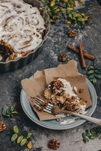 High angle view of dessert on table