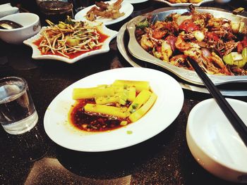 Close-up of meal served on table