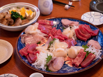 High angle view of food served on table