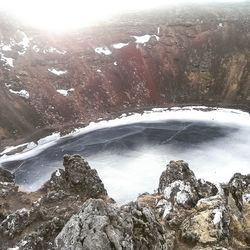 Scenic view of waterfall against sky during winter