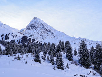 Scenic view of snowcapped mountains against clear sky