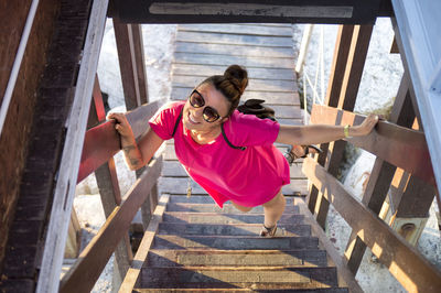 High angle view of woman on steps