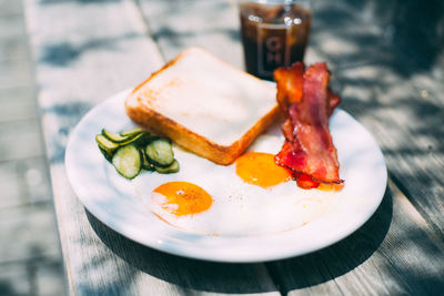 High angle view of breakfast served on table