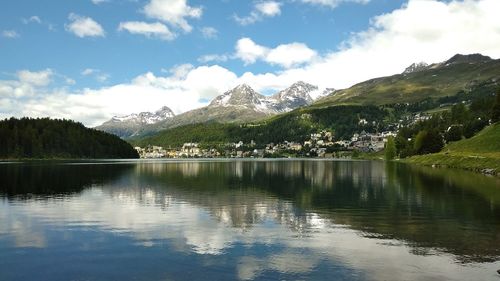 Scenic view of lake and mountains against sky