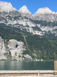 Scenic view of lake and mountains against sky