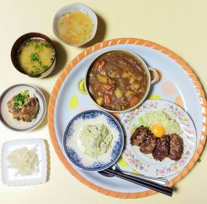 High angle view of food served on table