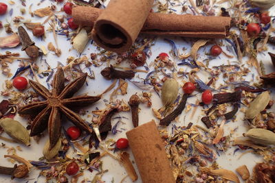 High angle view of various spices on table