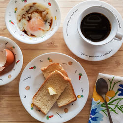 High angle view of breakfast served on table