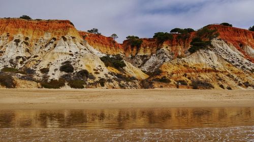 Colors in the rocky coastline of algarve, portugal at low ride with reflections in the water