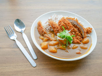 High angle view of breakfast served on table